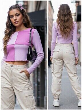 NWOT SHEIN S Y2K Indie Sleeze Barbie Grunge Pink Patchwork Ribbed Crop Top